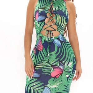 Tropical Lace-Up Dress with Butterfly Print